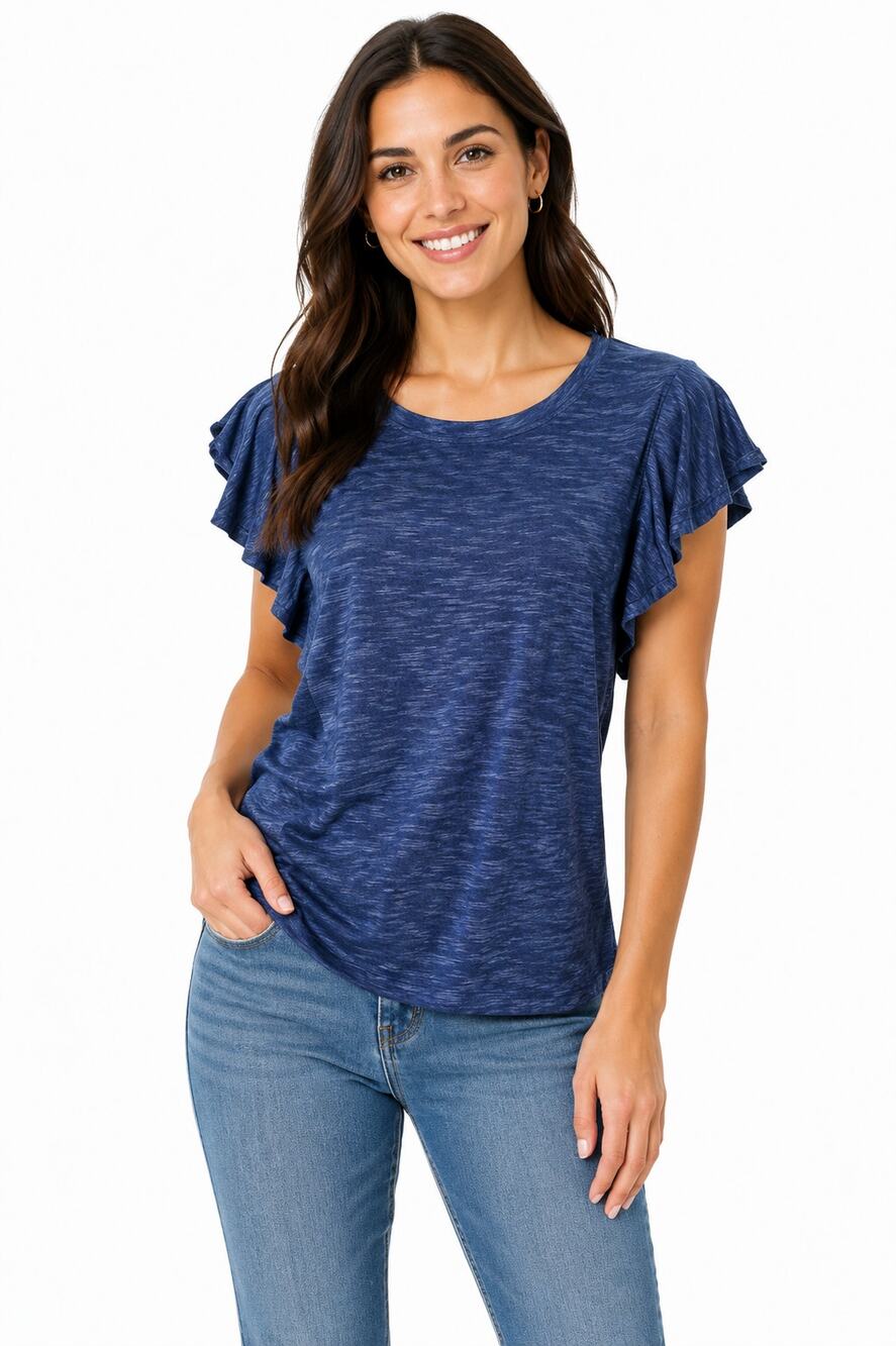 Wit & Wisdom Ruffle Sleeve Slub Knit Tee Blue Women's XS NWOT